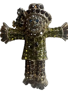 DANA BUCHMAN Brooch Pin Halloween Scare Crow Rhinestones Green Yellow Brown - Picture 1 of 11