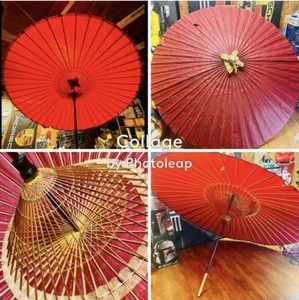 VINTAGE ANTIQUE 43” Japanese RICE PAPER And BAMBOO Umbrella Parasol Dark Red - Picture 1 of 10