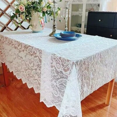 White Vintage Embroidered Lace Tablecloth Dining Table Cloth Cover Wedding Party - Image 1 of 4