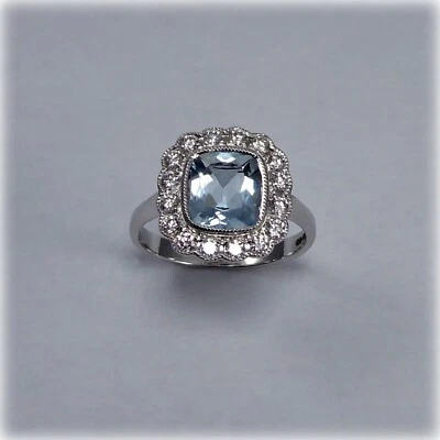 1.20 Ct Cushion Real Aquamarine &Diamond Engagement Ring 14K Solid White Gold - Image 1 of 4