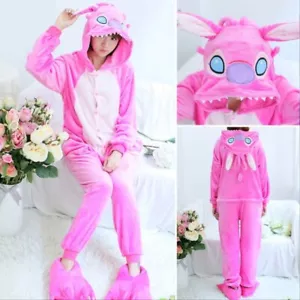 Adult (Height 140cm) Party Animal Pajamas Suit Warm Soft Pink Stitch Sleepwear W - Picture 1 of 5
