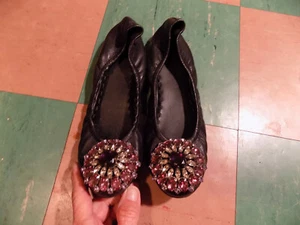 KELSI DAGGER Pink Rhinestone Embellished 6.5 Mandala Ballet Flats Black Leather - Picture 1 of 11