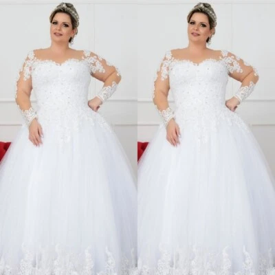 Plus Größe Hochzeitskleider Langärmel Perlen Spitze Applikationen Brautkleider - Bild 1 von 4