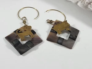 Vintage Earrings Mismatched Pair Monkey Hippo Metal Etched Abalone Dangle UNIQUE - Picture 1 of 6