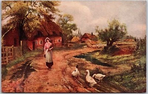 Die Bauerntochter Gemälde bei Sonnenuntergang mit Enten und Schafen Postkarte - Bild 1 von 2