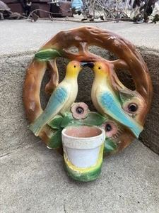 Vintage Chalkware Love Birds Carnival Prize Wall Hanging Planter Candle Holder - Picture 1 of 10