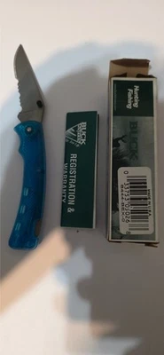 Vintage Buck 444 BuckLite MAX Folding Knife Serrated Translucent Blue USA NOS w/ - Image 1 of 4