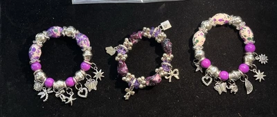 H421~ 3 Colorful Shell Bead & Silver Stretch Bracelets or Anklets Beach Purple - Image 1 of 4