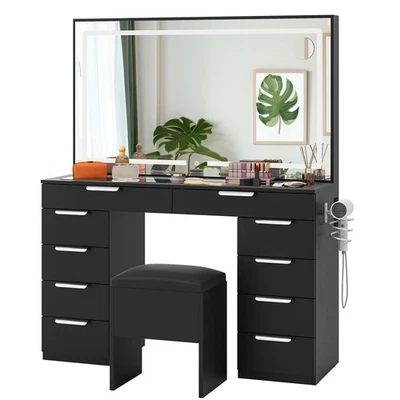 Makeup Vanity Table Large Mirror 10 Drawers LED Lights with 3 Color Settings 46" - Image 1 of 4