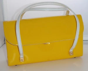 Vintage 60er Jahre Handtasche Town & Country gelb Clutch Druckknopf weiß Henkel Lackleder - Bild 1 von 13