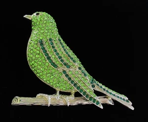 LG GREEN CRYSTAL SET BIRD BROOCH SILVER TONE SIGNED ALILANG (28273) - Picture 1 of 7