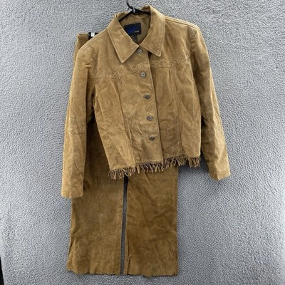 Conjunto Chaqueta Pantalones DE COLECCIÓN JouJou Mujer Mediano Marrón Gamuza Cuero Flecos Western Foto 1 de 4