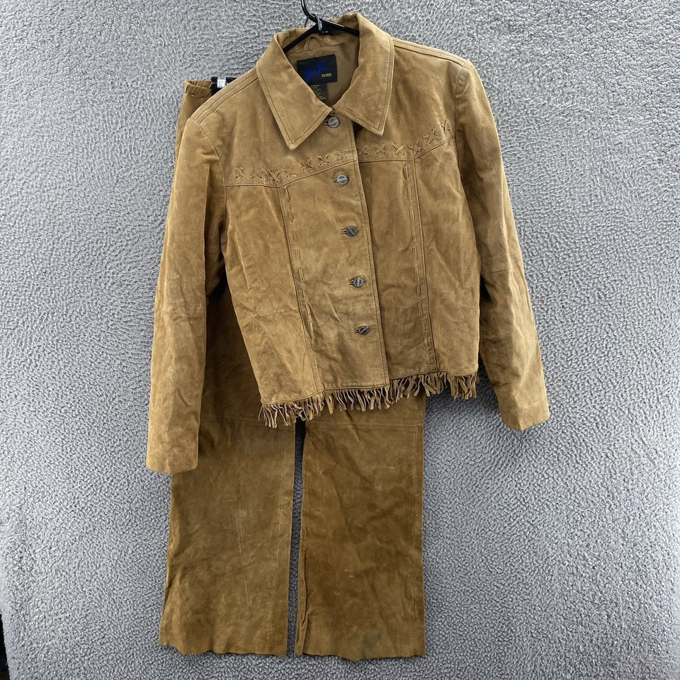VINTAGE JouJou Jacket Pants Set Women Medium Brown Suede Leather Fringe Western - Image 1 of 4