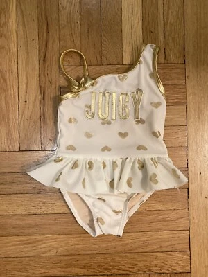 JUICY COUTURE Baby Girl Bathing Swim Suit White & Gold 12 Months Hearts Ruffle - Image 1 of 3