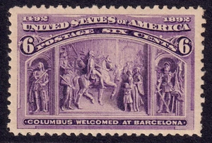 US Scott 235, 1893 Columbus Welcomed at Barcelona, 6c purple, NH MINT - Picture 1 of 1