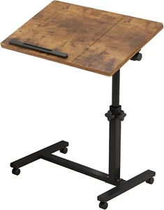 Brown T-Shape Overbed Table with Wheels, Adjustable Tiltable Laptop Stand Desk, - Picture 1 of 12
