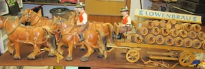 Vintage Huge Lowenbrau Barrel Wagon, Horses, 2 Men, 23 Barrels, 4-5 Feet Long. - Picture 1 of 18