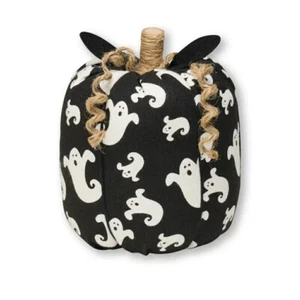 Primitive PUMPKIN Halloween Black & White GHOST Fabric Wood Stem 4x6" - Picture 1 of 1