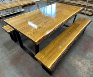 Joinery Solid Oak High Gloss Live Edge Table and Bench Set - 2000mm x 1000mm - Picture 1 of 3