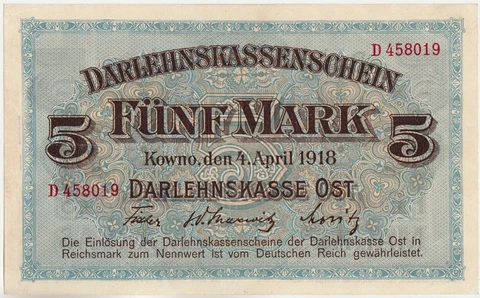 GERMANY PR130 WWI Occupation of LITHUANIA Kowno Note 5 MARK 1918 aXF Series D Cover
