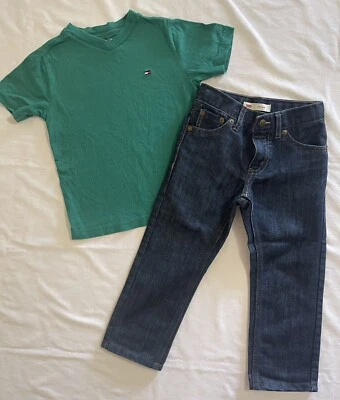 Lot of 2-Tommy Hilfiger Boys 3T-4T Green V-neck t-shirt & Levis 511 Slim Jeans - Image 1 of 4