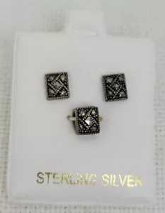 Nuevo con etiquetas Juego de Marcasita - Pendientes y Colgantes Tachuelas Cuadradas Plata de Ley 925 - Imagen 1 de 5