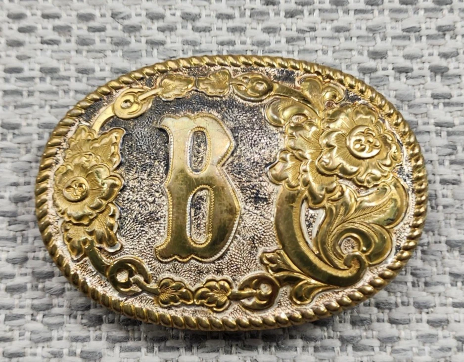 Crumrine Belt Buckle Mens One Size Gold Silver B Monogram Western Floral USA - Image 1 of 4