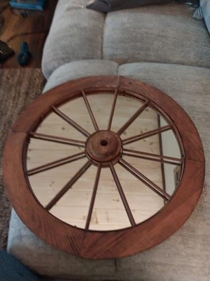 Vintage Wood Wagon Wheel 18in Decorative Wall Mirror with Steel Rim Rustic Decor - Image 1 of 4