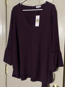 Calvin Klein Top Shirt Maroon V-Neck Bell Sleeve Blouse Size 3X  NWT $89.50 - Picture 1 of 4