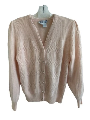 VTG Adele Joyce Angora Lambswool Pearl Button Baby Pink Cable Knit Cardigan S — 第 1/4 张图片