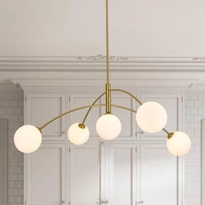 Gold Modern Chandelier 5-Light Glass Globe Ceiling Light Fixtures Mid Century... - Picture 1 of 7