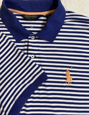 Ralph Lauren Golf Polo Shirt Pro Fit Mens XL Blue/White Striped Big Peach Pony - Image 1 of 4