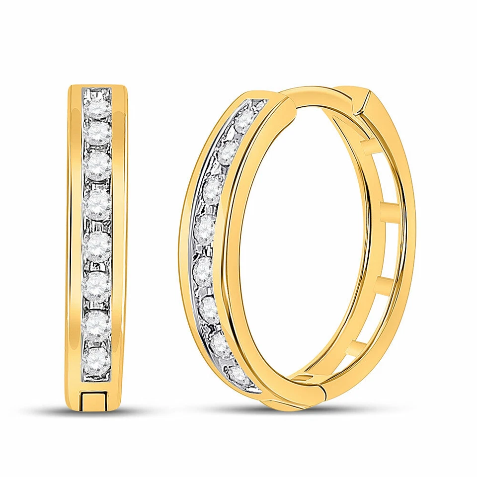 10k Yellow Gold Womens Round Diamond Hoop Fashion Earrings 1/5 Cttw - Image 1 of 1