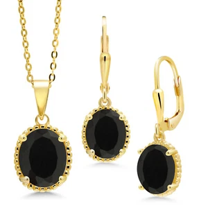 18K Yellow Gold Plated Silver Onyx Pendant Earrings Set For Women (7.00 Cttw, - Picture 1 of 4