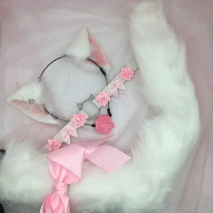 Weiß Rosa Cosplay Kätzchen Katze Stirnband Ohren Schwanz Halsband Halsband Kostüm - Bild 1 von 2