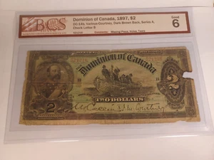 Billete de 2 dólares Courtney Courtney marrón oscuro trasero BCS 6 bueno Canadá 1897 Dominio de Canadá - Imagen 1 de 18