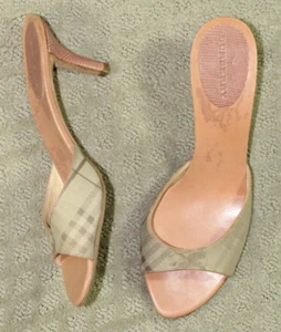 Burberry Women 7.5 / 38 Check Slides Beige Plaid Mule Sandal 3" Kitten Heel - Picture 1 of 6