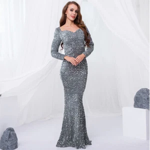 Hot Lady Sequin Formal Dress Long Sleeve Elastic V-Neck Evening Dress Prom Party - Picture 1 of 16