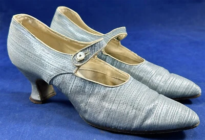 Vintage Art Deco Blue Silk Silver Metallic Lame Button Strap Mary Jane Shoes - Image 1 of 4