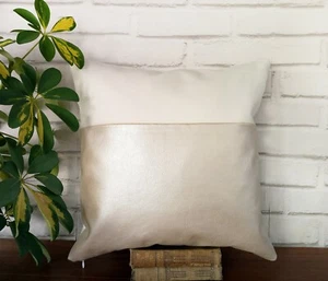 Pearlescent powder pink faux leather-white cotton pillow cover 16''x16'' - Picture 1 of 8