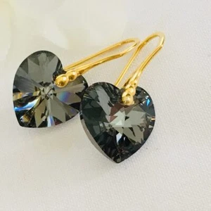 925 Silver Night Crystal Earrings Heart Black Gold Made With Austrian Crystals - Picture 1 of 12