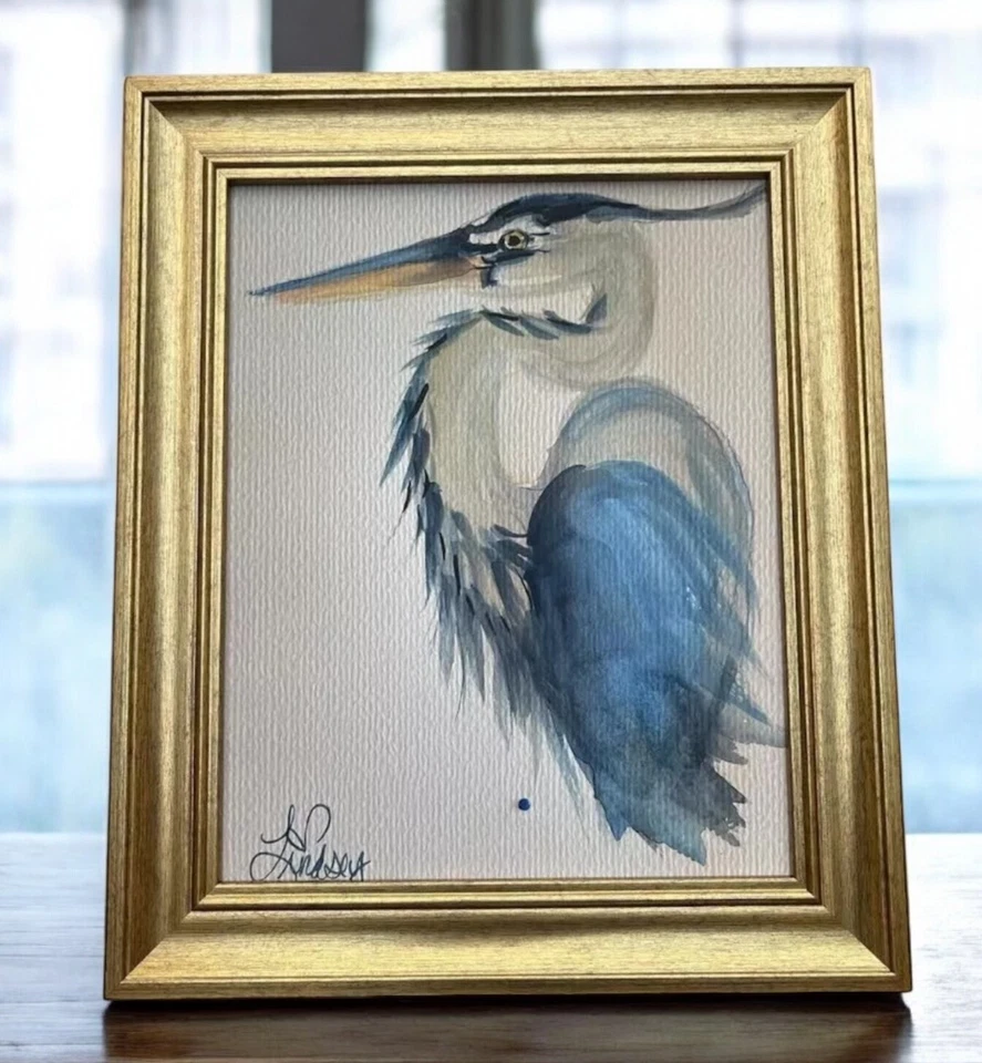 Great Blue Heron bird watercolor print of my painting, frame has a stand & hook - Image 1 of 1