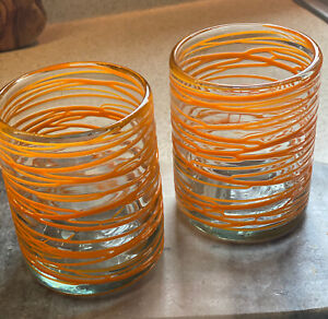 Mexican Hand Blown Glass Tumblers Orange Applied Swirl Spiral 4" Set of 2 UNUSED