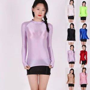 Slimming Long Sleeve T Shirt Women Glossy Stretch Blouse for All Seasons - Picture 1 of 22