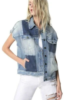 $348 NUEVO CON ETIQUETAS JOE'S Talla S SOFIA CHALECO VAQUERO ELÁSTICO DE GRAN TAMAÑO PATCHWORK AZUL MULTI Foto 1 de 4