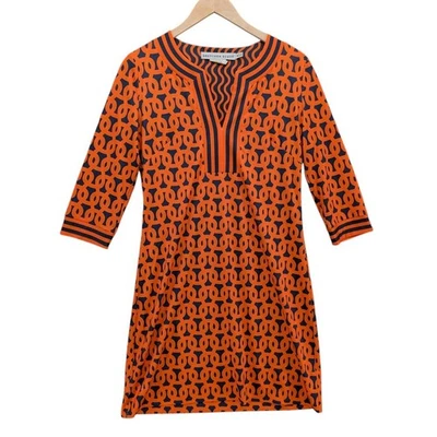 Gretchen Scott Jersey Dress Orange Navy Loop De Lu 3/4 Sleeve Split Neck Size M - Image 1 of 4