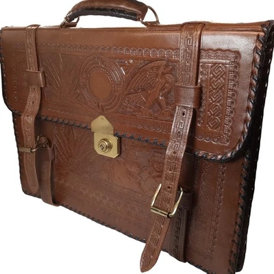 Maletín mexicano vintage de cuero mecanizado a mano calendario azteca cierre de latón marrón Foto 1 de 4