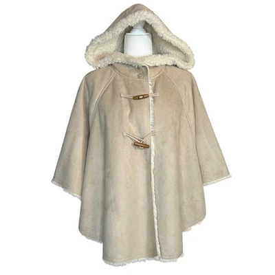 Y2K Penny Lane L Faux Shearling Cape Hooded Toggle Coat Boho Sherpa Poncho 2000s - Image 1 of 4