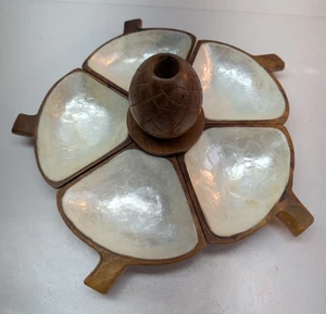 Teak Wood Lazy Susan 6 Piece Set Removable Serving Dishes Vintage - Picture 1 of 6