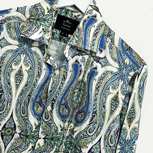 Hawes & Curtis Shirt Mens Medium M Black Label Paisley Blue White Long Sleeve - Picture 1 of 12